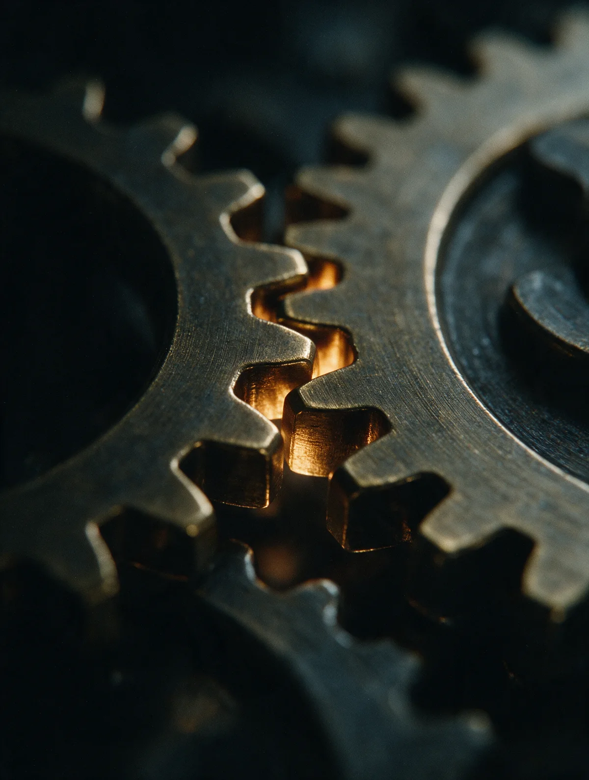 Two brass gears meshing precisely, teeth interlocked.