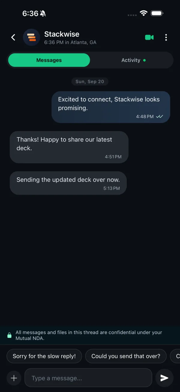 Safqos chat thread after both members signed, with the notice that all messages and files in the thread are confidential under their Mutual NDA