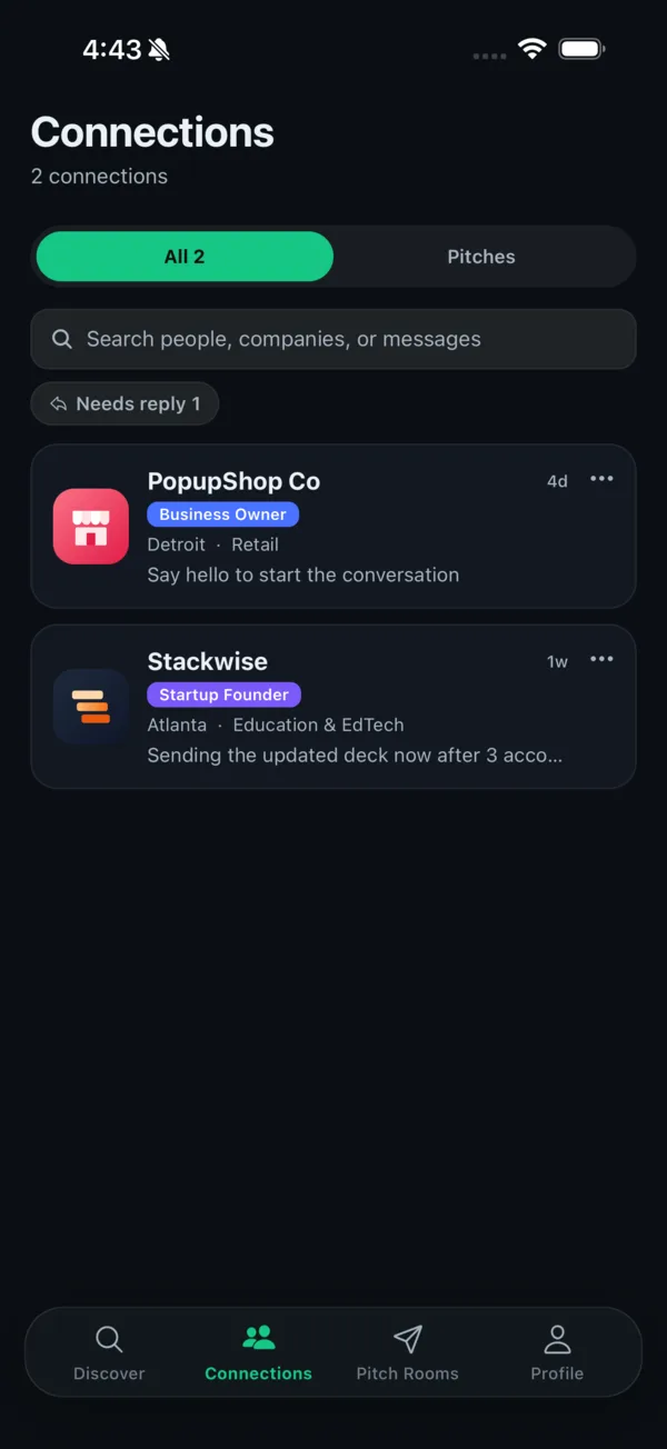 Safqos Connections screen listing an investor's connected founders and business owners