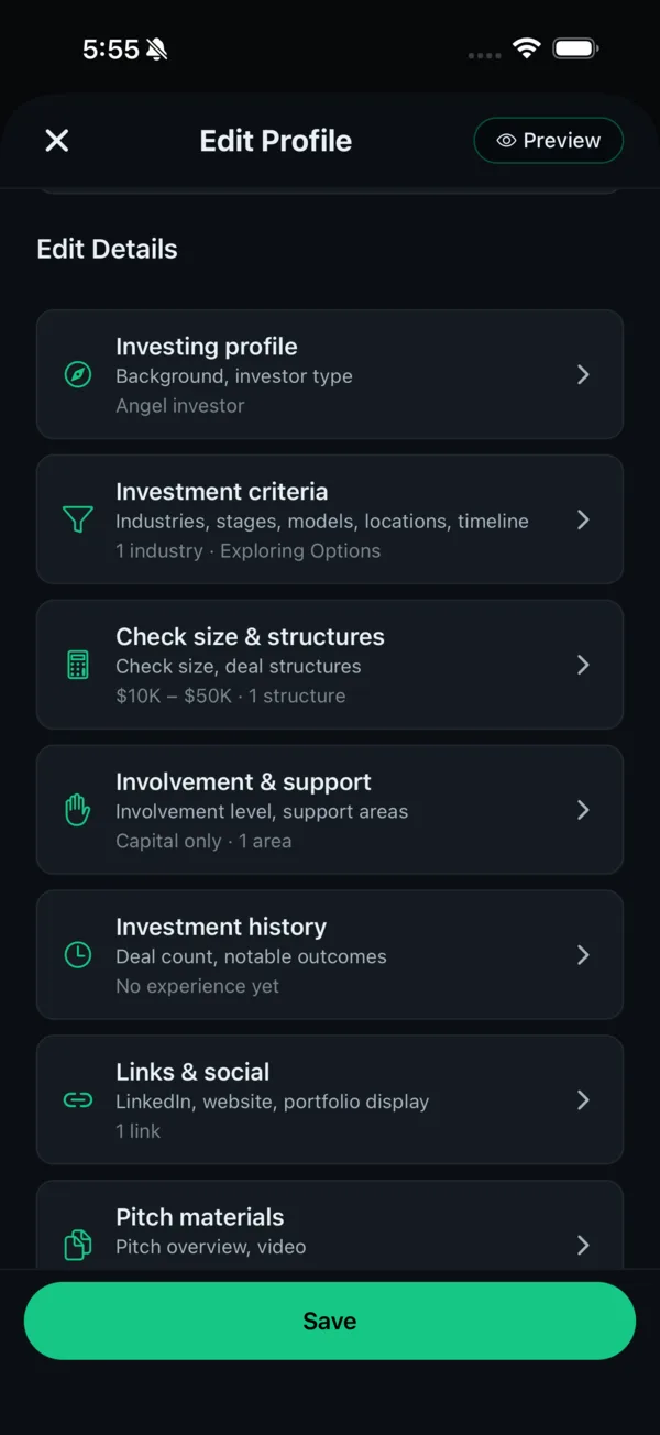 Safqos Edit Profile screen for an investor with every section collapsed: Investing profile, Investment criteria, Check size and structures, Involvement and support, Investment history, Links and social, and Pitch materials