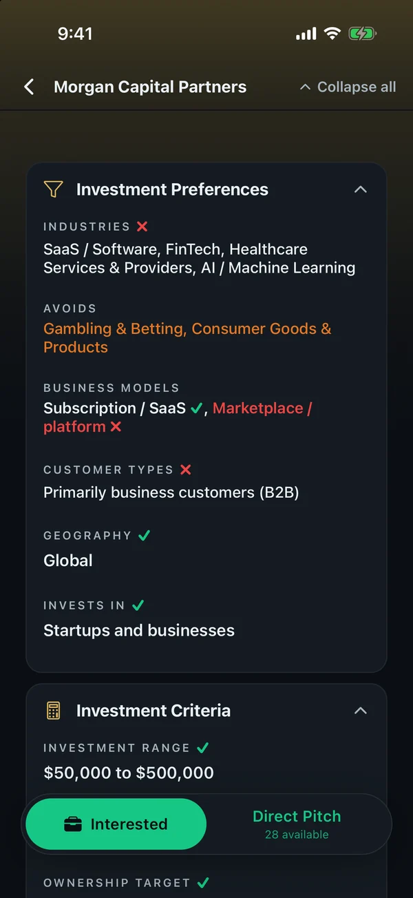 Safqos Dossier for Morgan Capital Partners, viewed by a business owner: Investment Preferences with a red X on Industries, Business models and Customer types where the investor does not fit, green checks on Geography, Invests in and Investment range where it does
