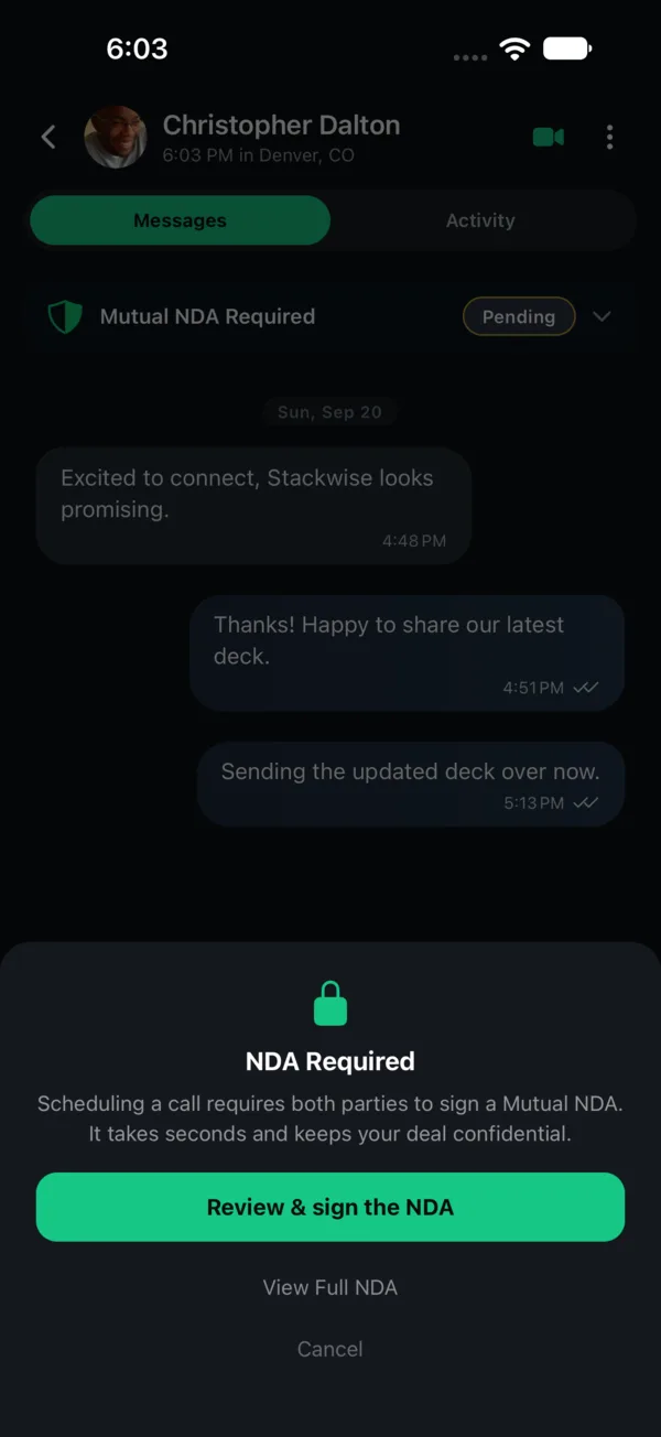 Safqos chat with a connection showing the NDA Required sheet: scheduling a call requires both parties to sign a Mutual NDA, with a Review and sign the NDA button