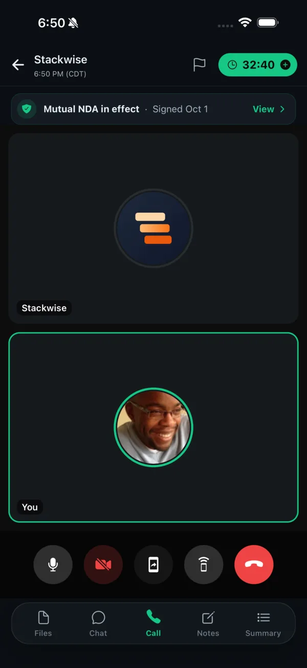 Safqos live Pitch Room call showing the call timer, a Mutual NDA in effect banner, two participant tiles, call controls, and the Files, Chat, Call, Notes and Summary tabs