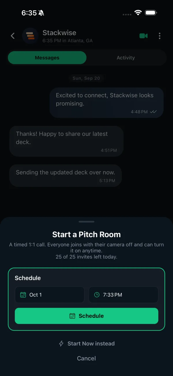 Safqos Start a Pitch Room sheet over a chat, offering to schedule a time or start now instead