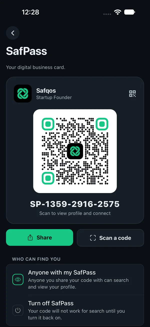 Safqos SafPass screen: Your digital business card, with a green-cornered QR code carrying the Safqos mark, the code SP-1359-2916-2575, Share and Scan a code buttons, and a Who can find you setting