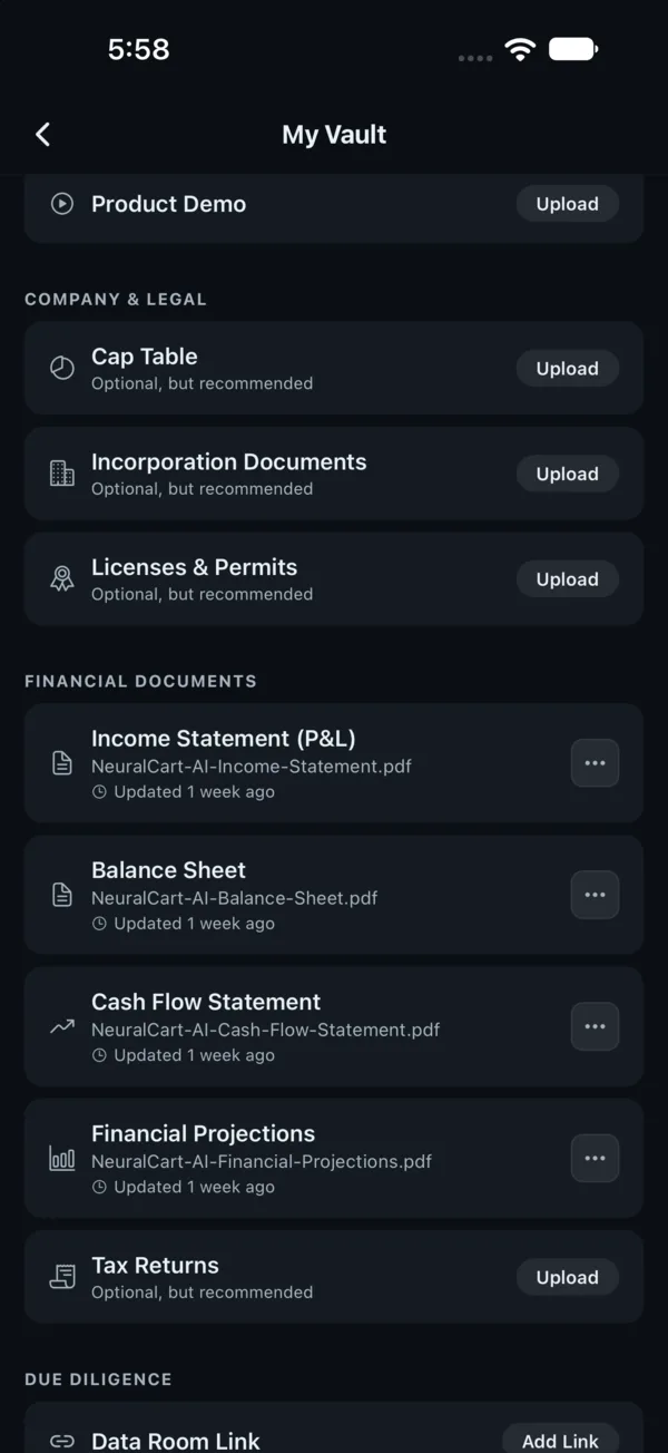 Safqos My Vault screen listing Company and Legal and Financial documents, with Upload buttons for documents not yet added